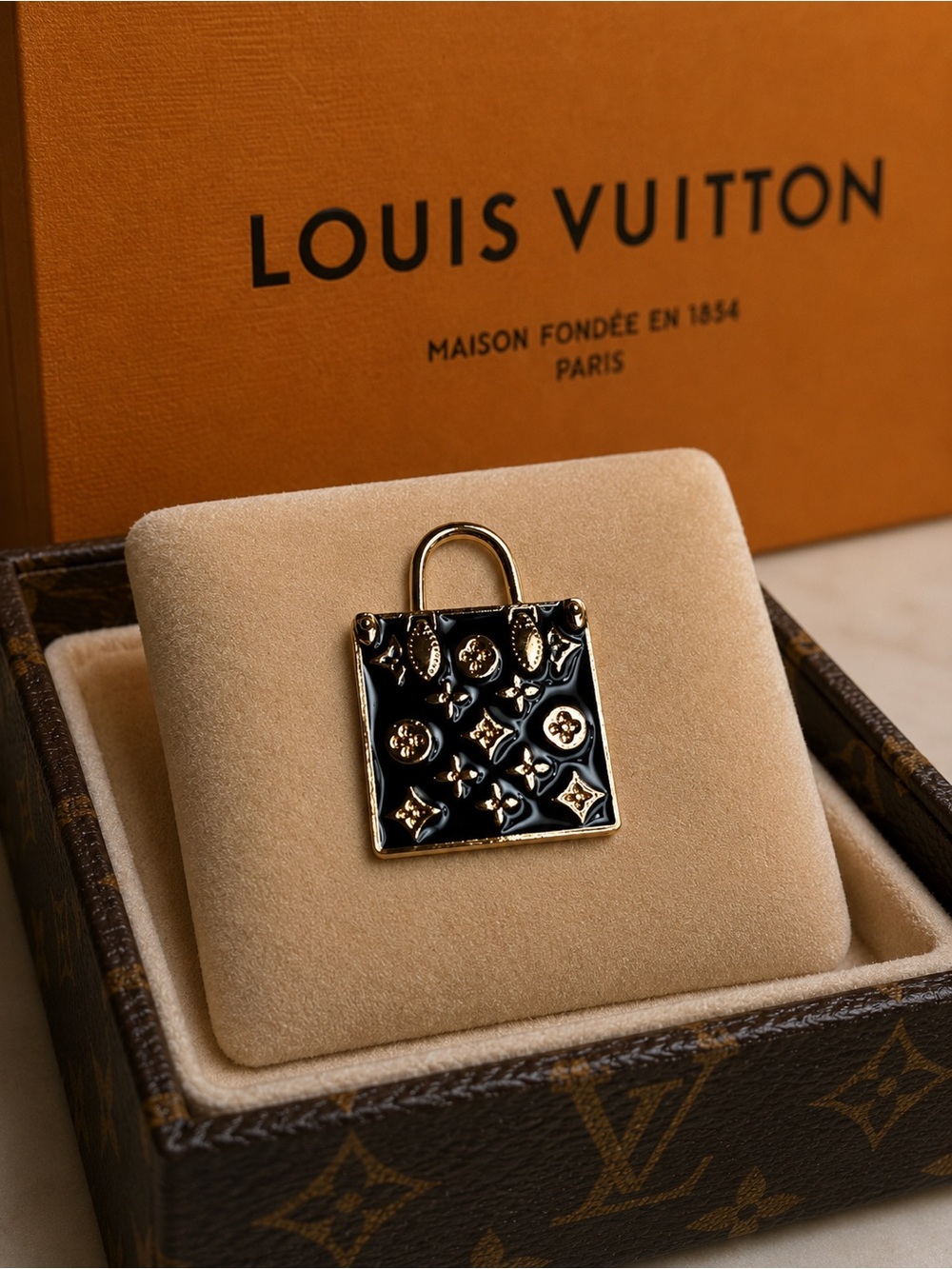 Louis Vuitton stamped Black and Gold Monogram Padlock Pendant charm zipper pull